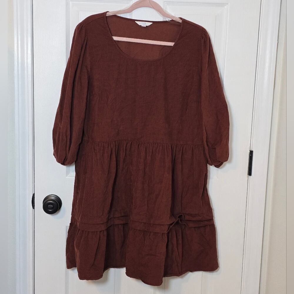 Rust Brown Corduroy Babydoll Dress Women’s Scoop Neck Tiered Mini Puff Sleeve L